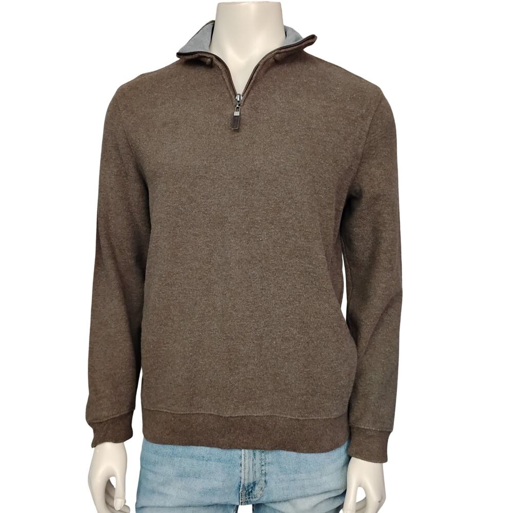Tasso Elba 100% Cotton Sweater Size Medium Brown Pullover Zip Up